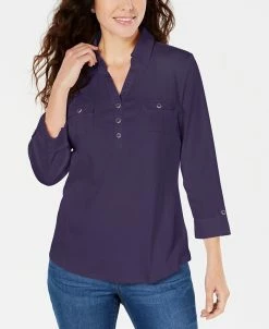 Karen Scott 3/4-Sleeve Woven Shirt, Created For Macy's