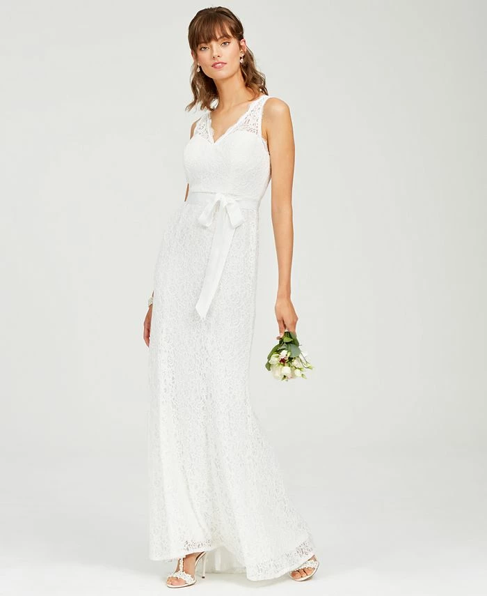 Adrianna Papell Women's Lace V-Neck Satin Sash Gown 3 Adrianna Papell Women's Lace V-Neck Satin Sash Gown