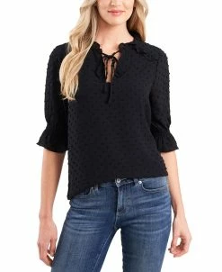 CeCe Women's Split-Neck Clip-Dot Elbow Sleeve Blouse