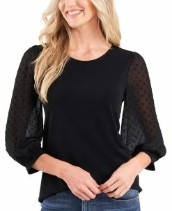 CeCe Women's Clip-Dot Sleeve Mixed-Media Top