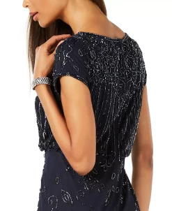 Adrianna Papell Women's Beaded Short-Sleeve Sheer-Overlay Gown -Clothing Shop 19076548 fpx