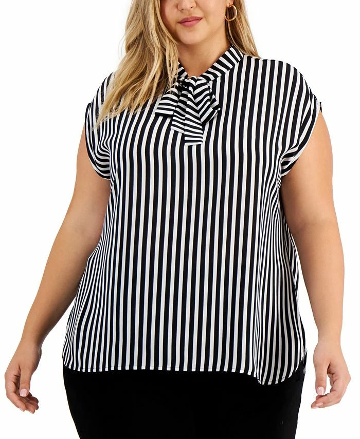 Bar III Trendy Plus Size Tie-Neck Striped Top, Created For Macy's 3 Bar III Trendy Plus Size Tie-Neck Striped Top, Created For Macy's