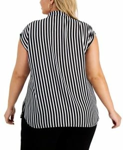 Bar III Trendy Plus Size Tie-Neck Striped Top, Created For Macy's 7 Bar III Trendy Plus Size Tie-Neck Striped Top, Created For Macy's -Clothing Shop 19288764 fpx