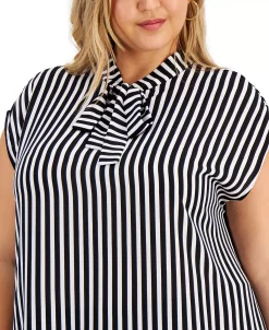 Bar III Trendy Plus Size Tie-Neck Striped Top, Created For Macy's 8 Bar III Trendy Plus Size Tie-Neck Striped Top, Created For Macy's -Clothing Shop 19288765 fpx