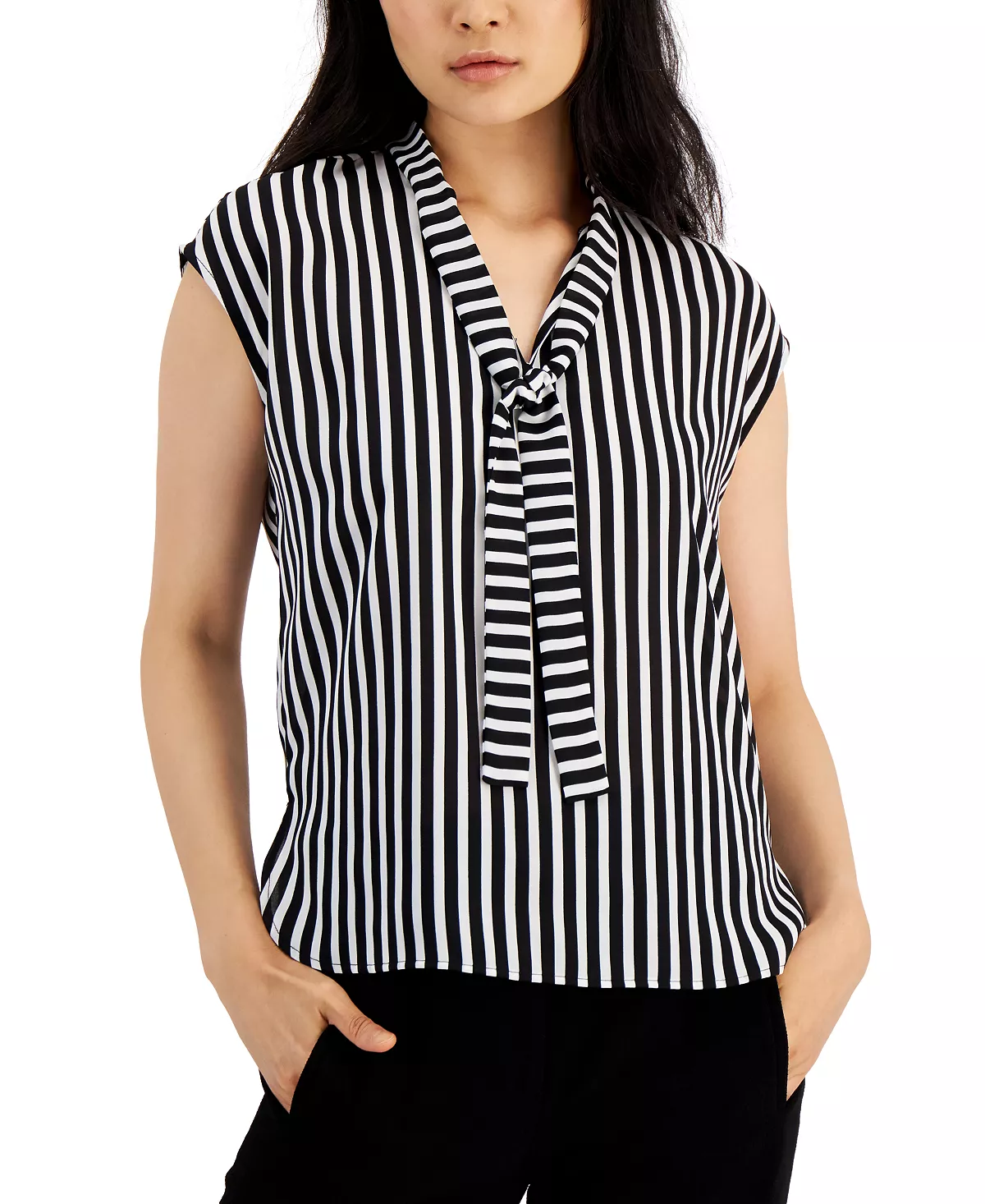 Bar III Women's Striped Tie-Neck Top, Created For Macy's 5 Bar III Women's Striped Tie-Neck Top, Created For Macy's - Image 3