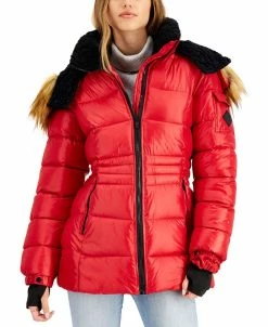 Steve Madden Juniors' Faux-Fur-Trim Hooded Shine Puffer Coat, Created For Macy's