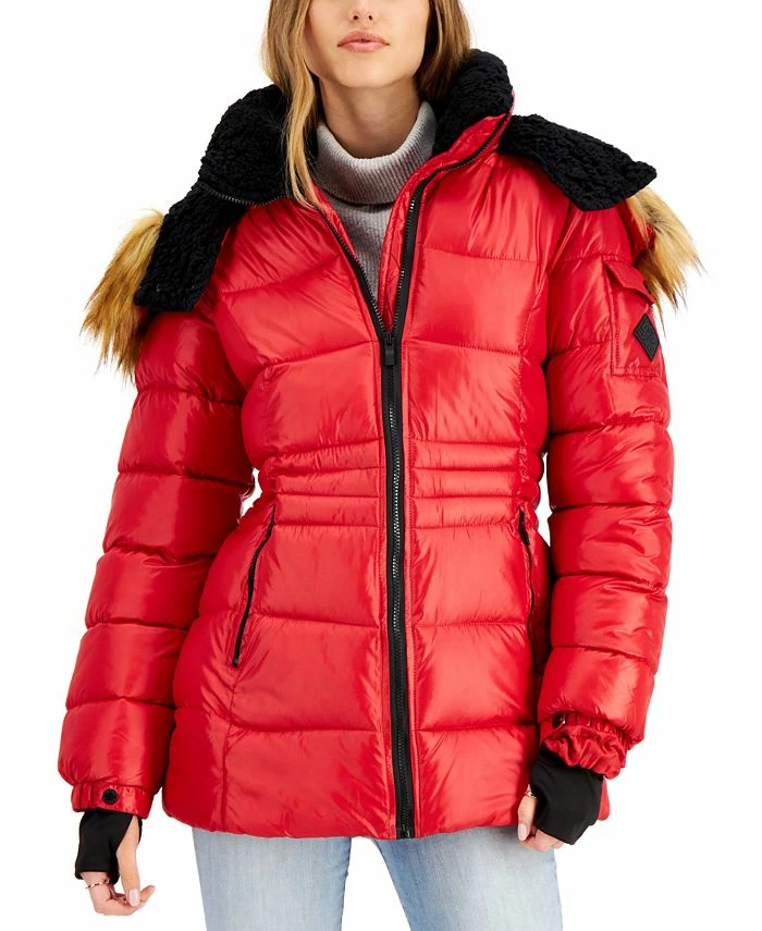 Steve Madden Juniors' Faux-Fur-Trim Hooded Shine Puffer Coat, Created For Macy's 3 Steve Madden Juniors' Faux-Fur-Trim Hooded Shine Puffer Coat, Created For Macy's