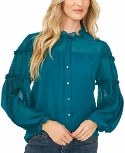 CeCe Women's Solid Ruffled-Sleeve Button-Down Blouse