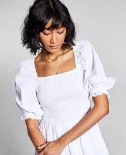 And Now This Women's Cotton Smocked Puffed Sleeve Midi Dress -Clothing Shop 20058015 fpx