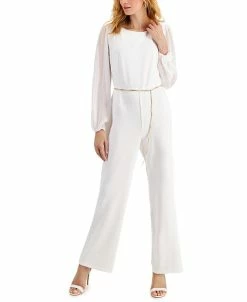Connected Hain-Belt Sheer-Sleeve Jumpsuit