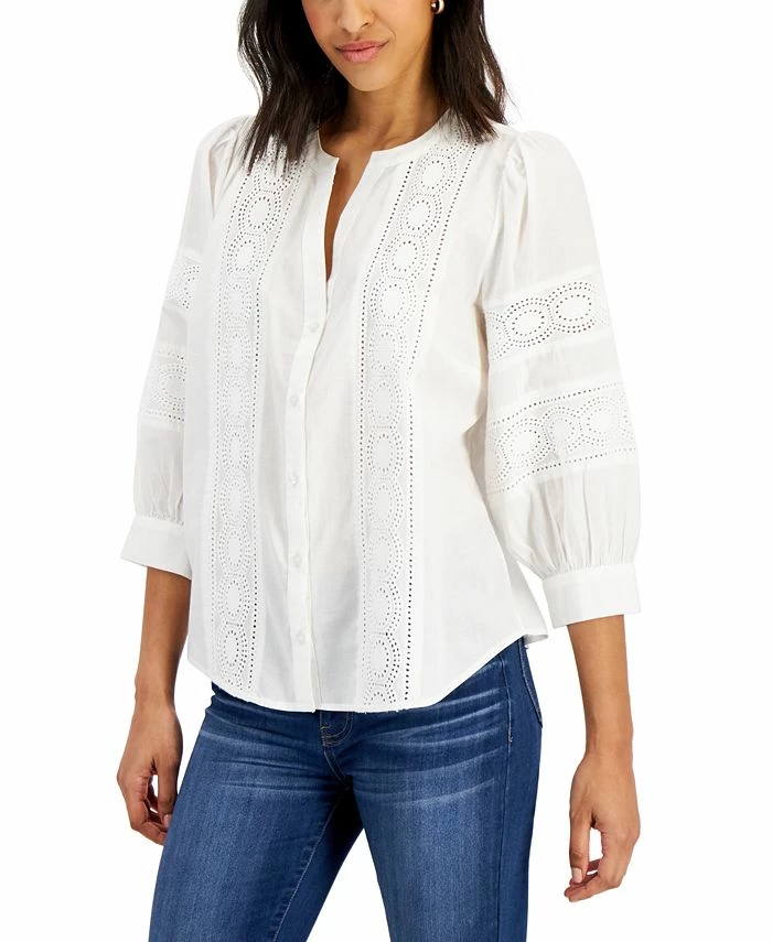 Charter Club Women's Woven Eyelet Cotton Blouse, Created For Macy's 3 Charter Club Women's Woven Eyelet Cotton Blouse, Created For Macy's