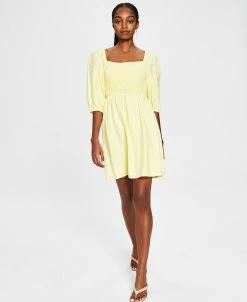 Bar III Women's Smocked Puff-Sleeve Fit & Flare Dress, Created For Macy's