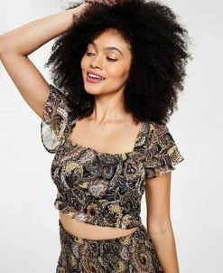 Bar III Women's Paisley-Print Flutter-Sleeve Crop Top, Created For Macy's -Clothing Shop 21336086 fpx