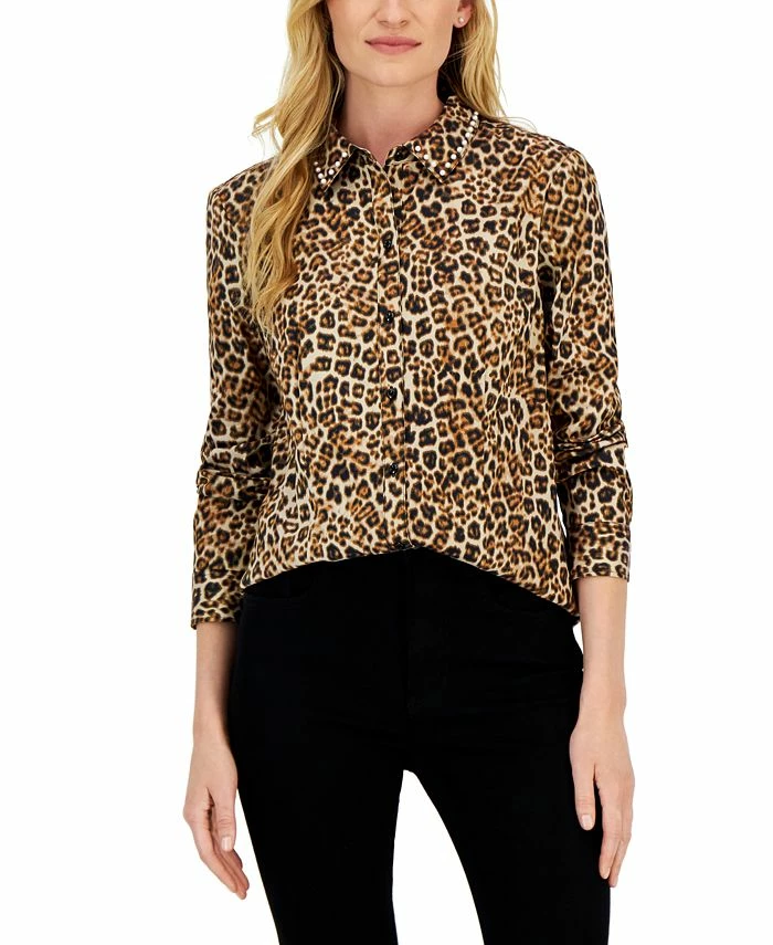 Charter Club Women's Embellished Leopard Buttoned Top, Created For Macy's 3 Charter Club Women's Embellished Leopard Buttoned Top, Created For Macy's