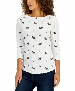 Charter Club Women's Women's Printed Dogs & Flowers Boatneck Top, Created For Macy's
