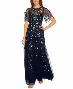 Adrianna Papell Women's Embroidered Split-Sleeve Gown