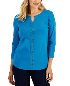 Karen Scott Women's 3/4-Sleeve Crochet Detail Top, Created For Macy's -Clothing Shop 21768620 fpx