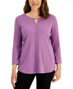 Karen Scott Women's 3/4-Sleeve Crochet Detail Top, Created For Macy's -Clothing Shop 21768621 fpx