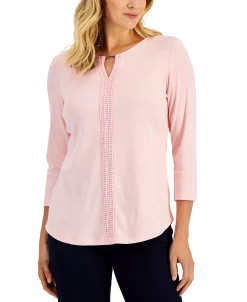 Karen Scott Women's 3/4-Sleeve Crochet Detail Top, Created For Macy's -Clothing Shop 21768623 fpx