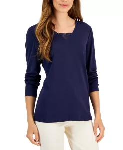 Karen Scott Women's Long Sleeve Lace Inset V-Neck, Created For Macy's -Clothing Shop 21769045 fpx