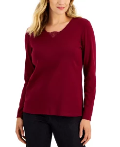 Karen Scott Women's Long Sleeve Lace Inset V-Neck, Created For Macy's -Clothing Shop 21769046 fpx