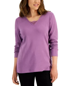 Karen Scott Women's Long Sleeve Lace Inset V-Neck, Created For Macy's -Clothing Shop 21769048 fpx