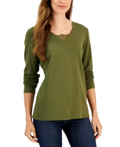 Karen Scott Women's Long Sleeve Lace Inset V-Neck, Created For Macy's -Clothing Shop 21769049 fpx