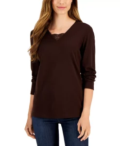Karen Scott Women's Long Sleeve Lace Inset V-Neck, Created For Macy's -Clothing Shop 21769051 fpx