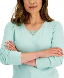 Karen Scott Women's Long Sleeve Lace Inset V-Neck, Created For Macy's -Clothing Shop 21769054 fpx