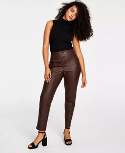 Bar III Women's Faux-Leather Button-Fly Ankle Pants, Created For Macy's -Clothing Shop 21817144 fpx