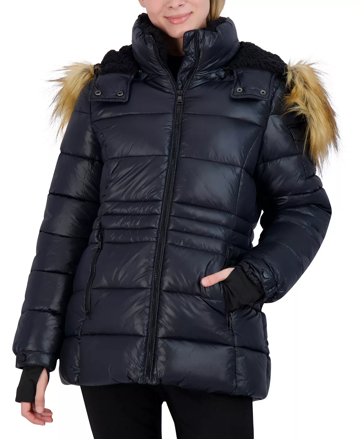 Steve Madden Juniors' Faux-Fur-Trim Hooded Shine Puffer Coat, Created For Macy's 7 Steve Madden Juniors' Faux-Fur-Trim Hooded Shine Puffer Coat, Created For Macy's - Image 5