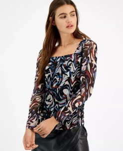 Bar III Women's Square Neck Marble Mesh Top, Created For Macy's -Clothing Shop 21951364 fpx