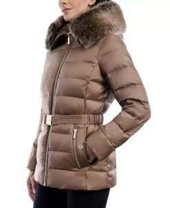 Michael Kors Women's Belted Faux-Fur-Trim Hooded Puffer Coat -Clothing Shop 21959491 fpx