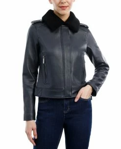 Michael Kors Women's Fleece-Collar Leather Coat, Created For Macy's