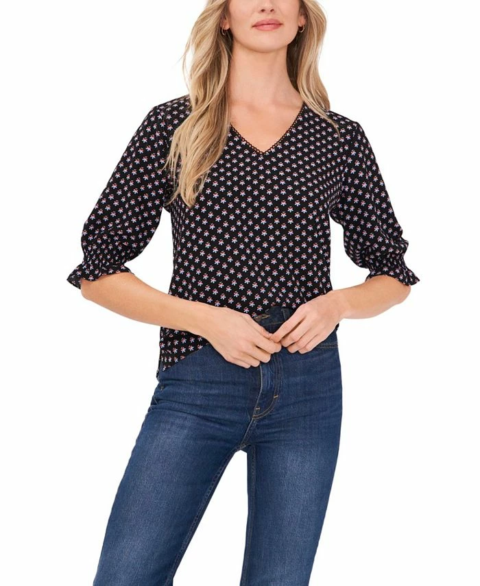 CeCe Women's Printed V-neck Blouse With Trim 3 CeCe Women's Printed V-neck Blouse With Trim