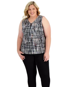 Kasper Plus Size Printed Keyhole Top -Clothing Shop 22033547 fpx