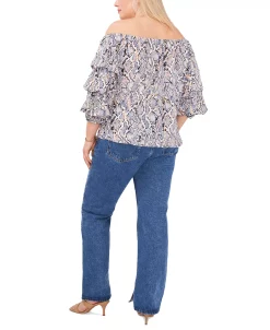 Vince Camuto Plus Size Snake-Print Off-The-Shoulder Balloon-Sleeve Blouse -Clothing Shop 22118210 fpx