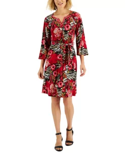 JM Collection Women's Embellished-Neck Printed A-Line Dress, Created For Macy's -Clothing Shop 22152688 fpx