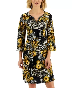 JM Collection Women's Embellished-Neck Printed A-Line Dress, Created For Macy's -Clothing Shop 22152691 fpx
