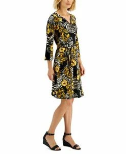 JM Collection Women's Embellished-Neck Printed A-Line Dress, Created For Macy's -Clothing Shop 22152698 fpx