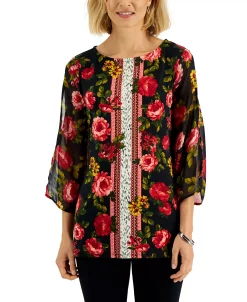 JM Collection Women's 3/4-Sleeve Mixed-Print Tunic, Created For Macy's