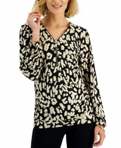 JM Collection Women's Zipper-Front Animal-Print Top, Created For Macy's