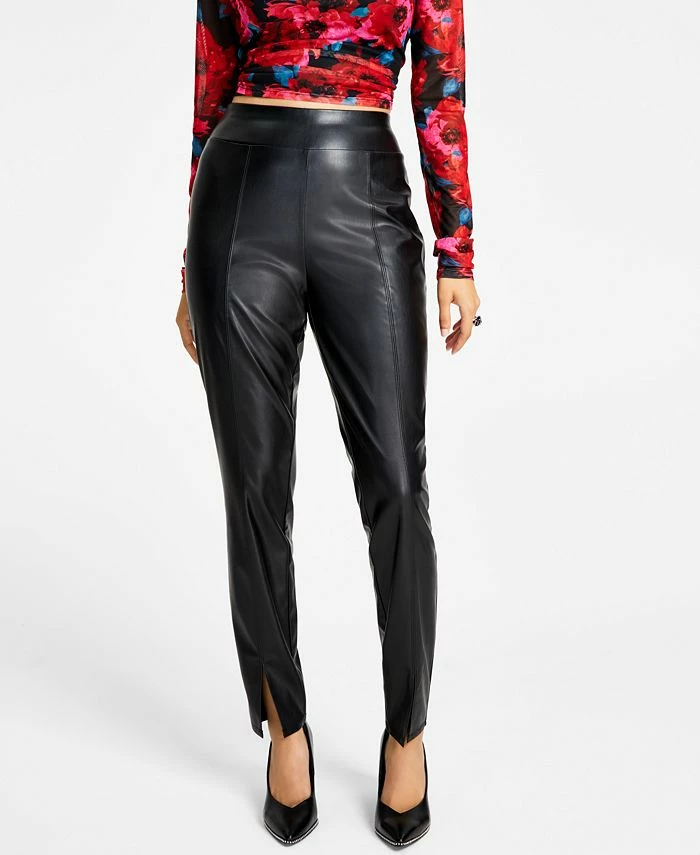 Bar III Women's Slit-Hem Faux-Leather Pull-On Pants, Created For Macy's 3 Bar III Women's Slit-Hem Faux-Leather Pull-On Pants, Created For Macy's
