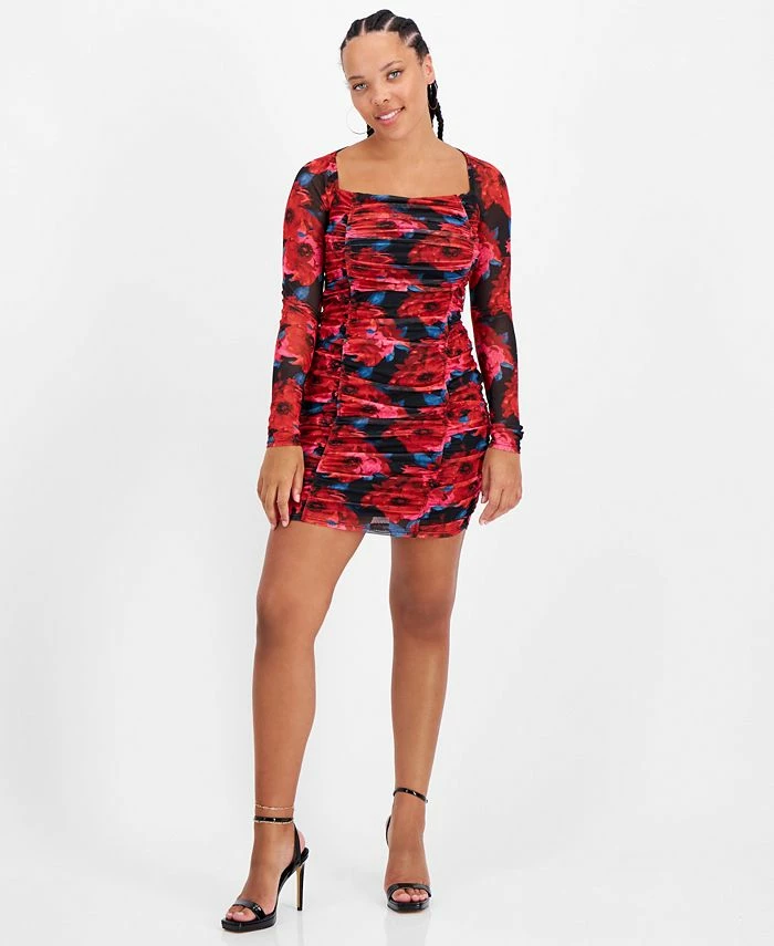 Bar III Women's Ruched Mesh Square-Neck Mini Dress, Created For Macy's 3 Bar III Women's Ruched Mesh Square-Neck Mini Dress, Created For Macy's