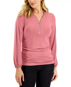 JM Collection Women's Zip-Front Ruched Top, Created For Macy's -Clothing Shop 22206115 fpx
