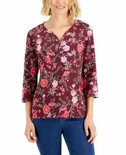 Karen Scott Women's Mistletoe Boutique Printed Henley Top, Created For Macy's