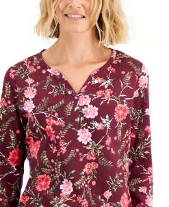 Karen Scott Women's Mistletoe Boutique Printed Henley Top, Created For Macy's -Clothing Shop 22206843 fpx