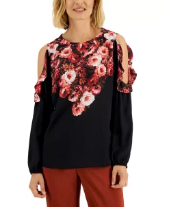 JM Collection Women's Cold-Shoulder Mixed-Media Floral Top, Created For Macy's -Clothing Shop 22269471 fpx