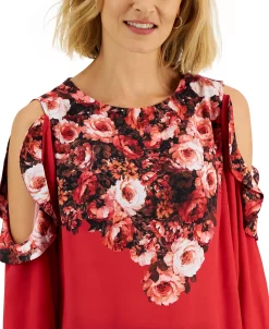 JM Collection Women's Cold-Shoulder Mixed-Media Floral Top, Created For Macy's -Clothing Shop 22269479 fpx
