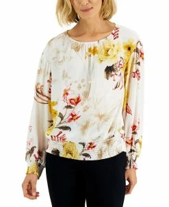 JM Collection Women's Printed Smocked Necklace Top, Created For Macy's